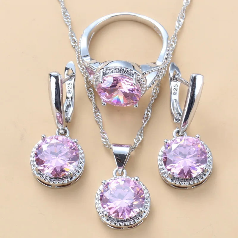 Silver Jewelry Sets Green Cubic Zirconia Necklaces Pendants Earrings and Ring