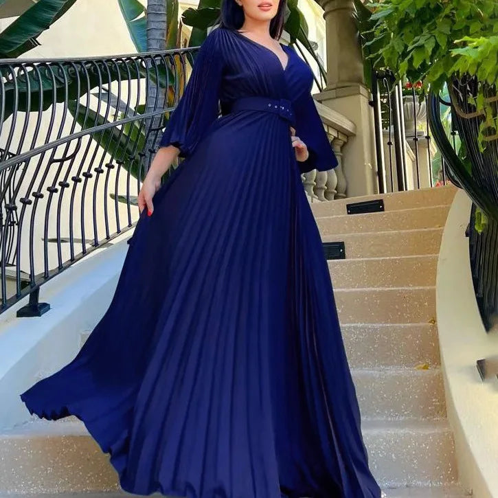 Women Chiffon Pleated Dress High Waist Floor Length Long Sleeve Deep v Dresses