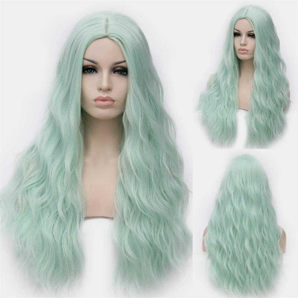 Wavy Synthetic Wigs Long Green Middle Line Wig Heat Resistant