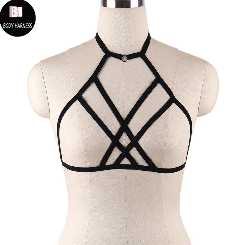 Women Sexy Crop Top Bondage Harness Fetish Elastic Cage Bra Suspender Bralett