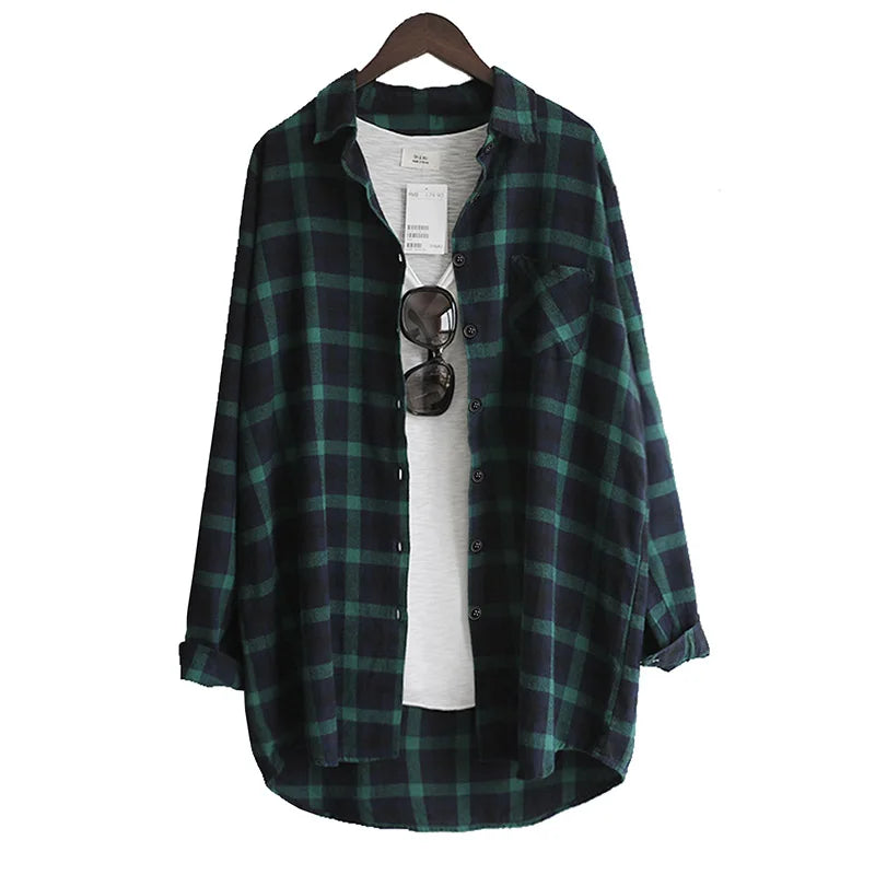 Women Blouse Shirt Loose Casual Plaid Shirts Long Sleeve BLOUSE