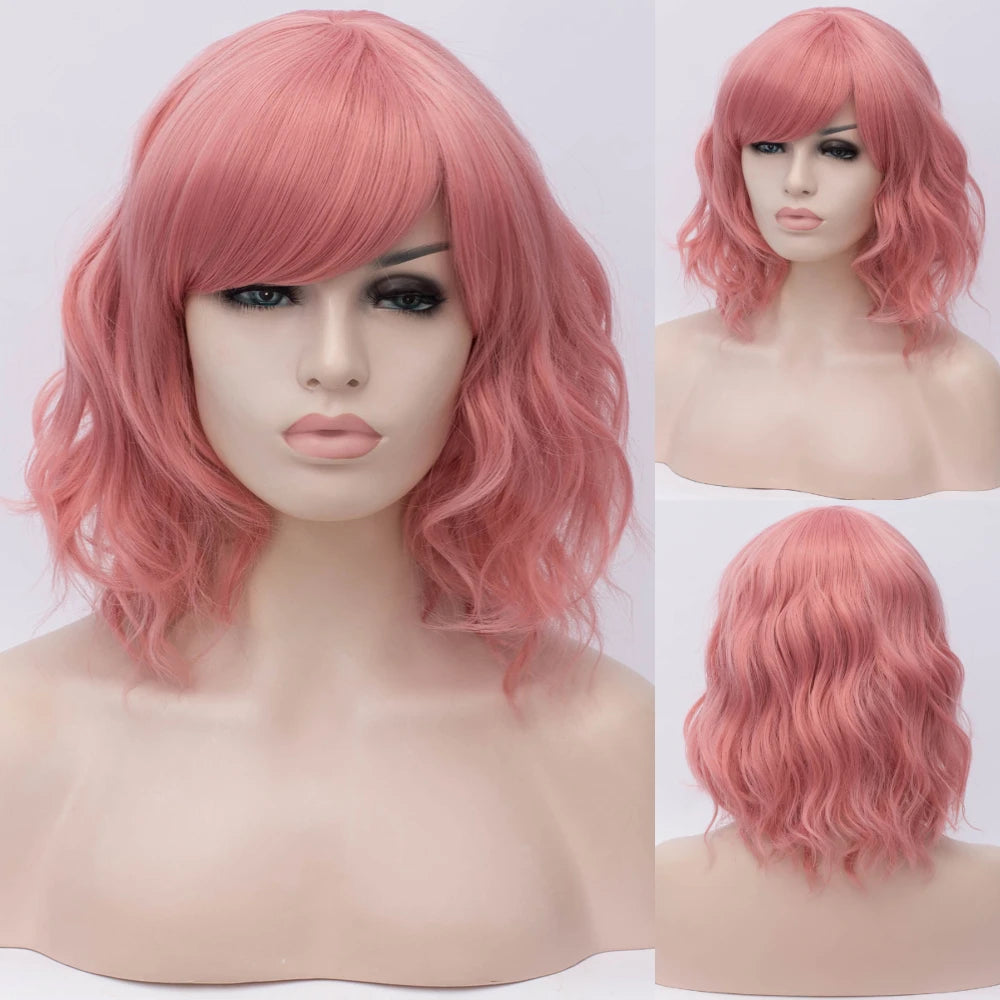 Short Cosplay Wave Wigs for Women with Side Bangs synthetic Hair Wig