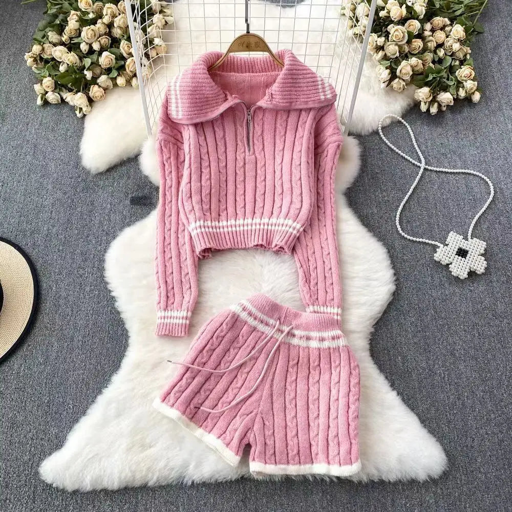 Women Clothes Jogger Tracksuits knit Zipper Striped Tops and Shorts Set