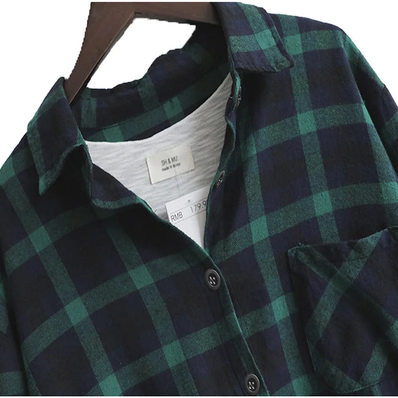 Women Blouse Shirt Loose Casual Plaid Shirts Long Sleeve BLOUSE