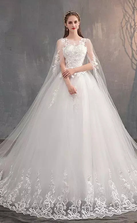 Wedding Dress With Long Cap Lace Wedding Gown With Long Train Embroidery