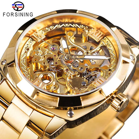 Transparent Men's Automatic Mechanical Full Golden Luminous Hands Skeleton Watch