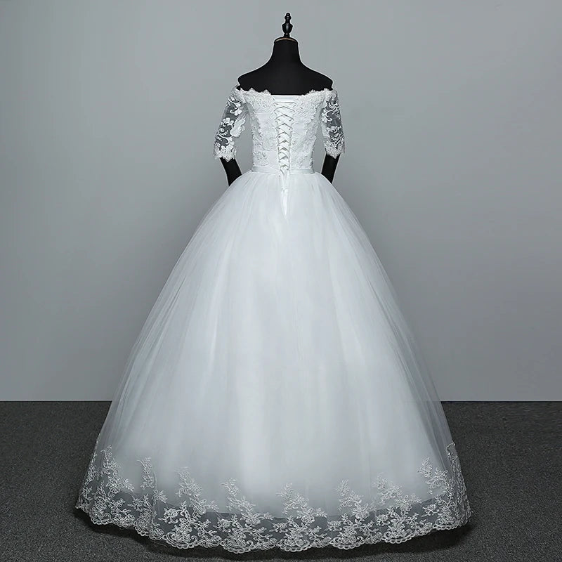 Wedding Dress Flowers Butterfly Embroidery Lace Boat Neck Princess Wedding Gowns