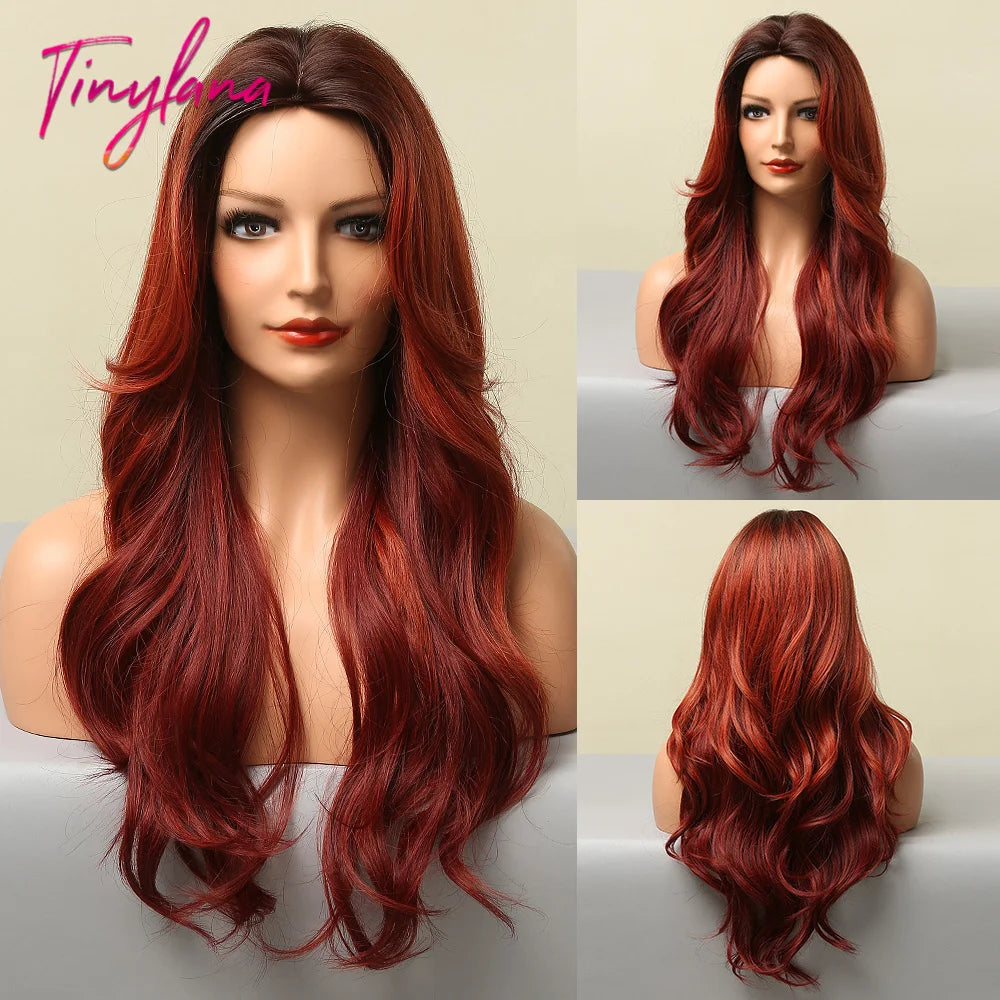 Synthentic Wavy Wigs Brown Blonde Middle Part Wigs With Bangs