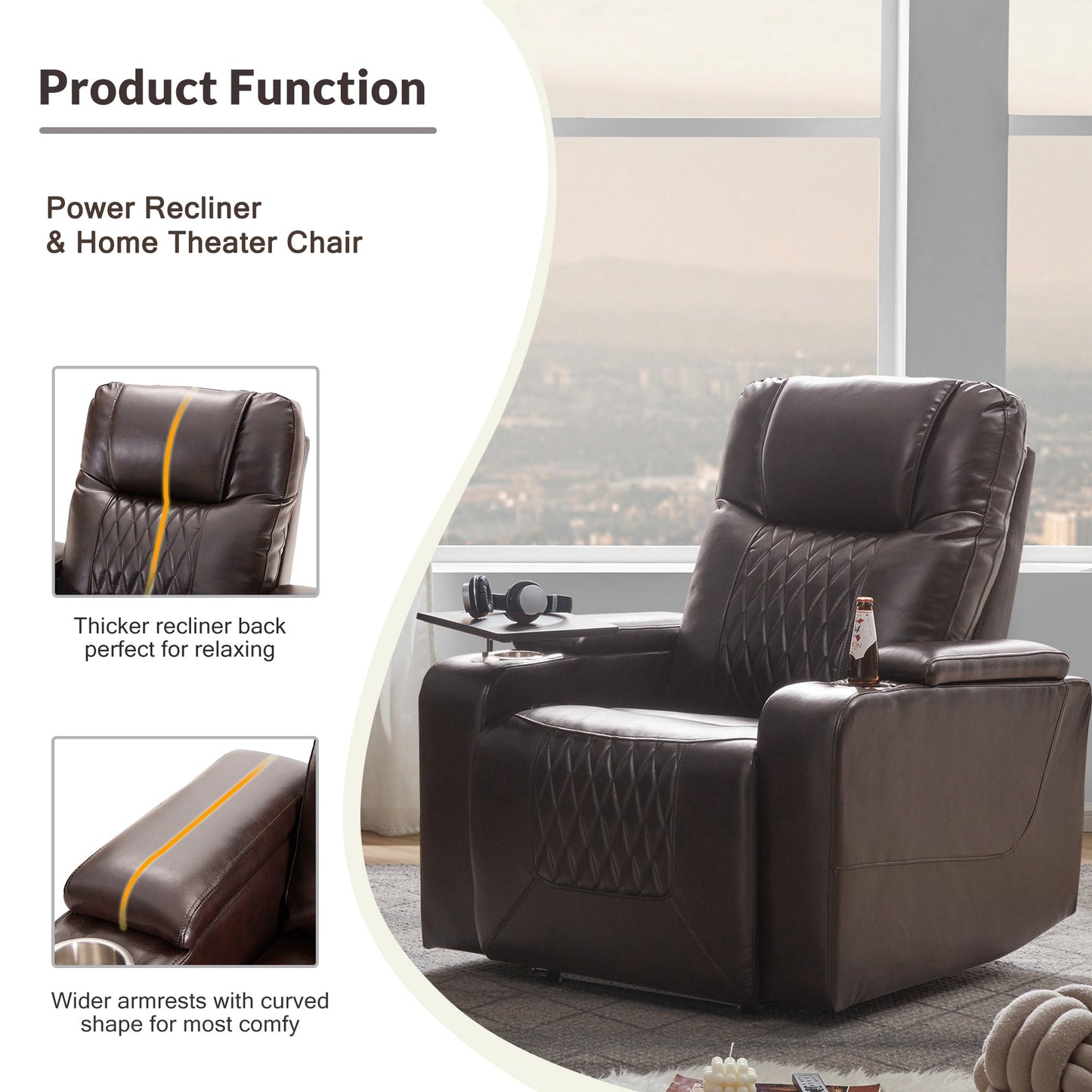 Power Motion Recliner With USB Charging Port and Hidden Arm Storage