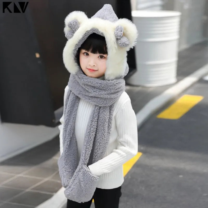 Warm Plush Winter Hat Cute Bowknot Bear Ears Scarf Gloves Hoodie Cap