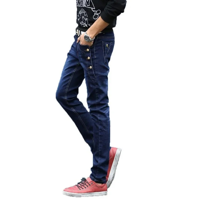 Streetwear Skinny Slim Fit Button Denim Pant Male Trouser Black Blue