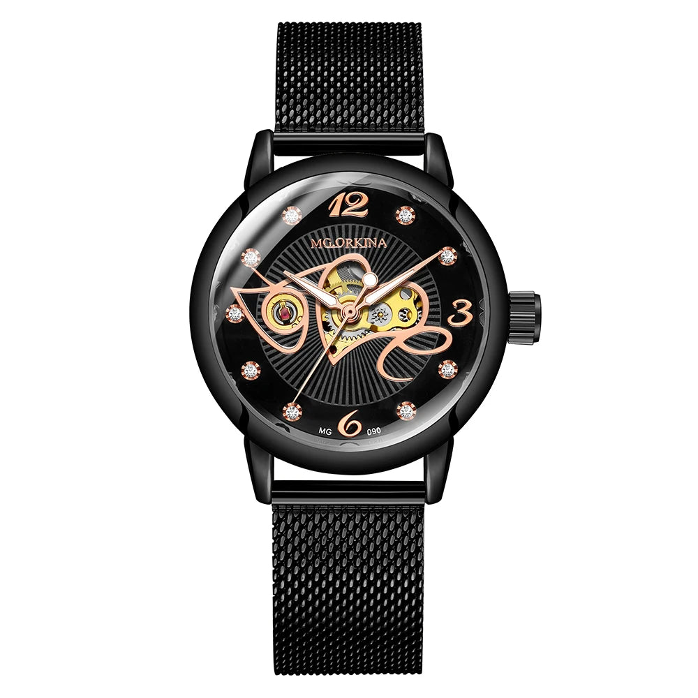 Women Bracelet Watch Skeleton Automatic Wristwatch Mesh Stainless Steel Band