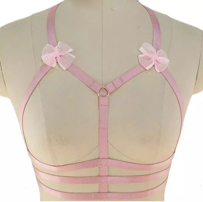 Original Design Pink Collar Bow Harness Bra Kawaii Open Chest Bondage Body Cage