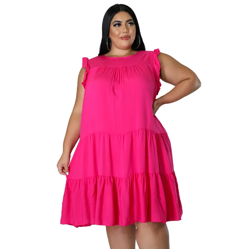 Sleeveless Dress Solid Ruffle Sleeves Dress Pleated Plus Size Women's Dress