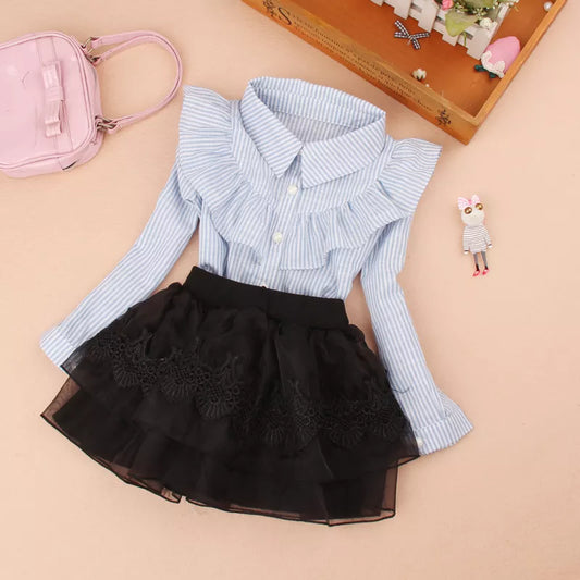 Teenage Girls Clothes Autumn Kids Blue Stripe Blouses Tops School Girl Blouse