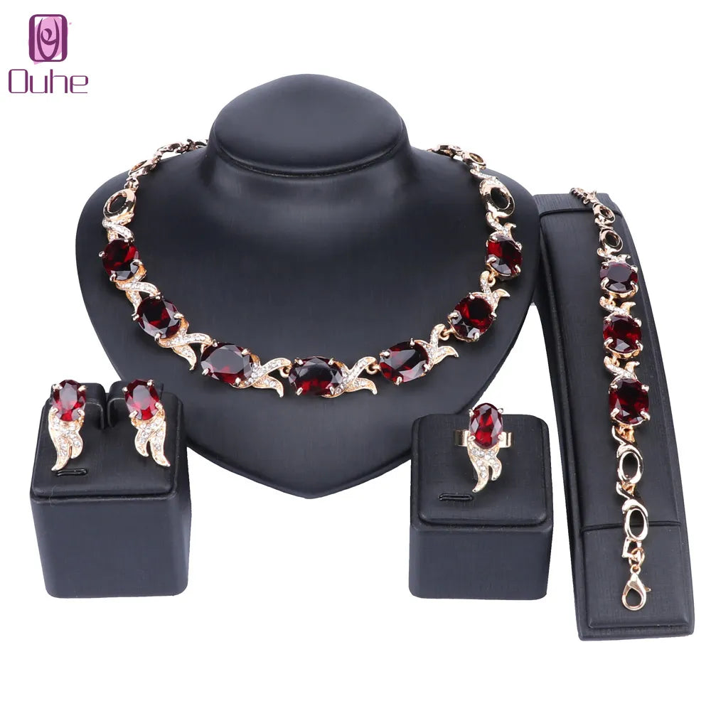 Wedding Gold Color Red Crystal Trendy Necklace Jewelry Sets