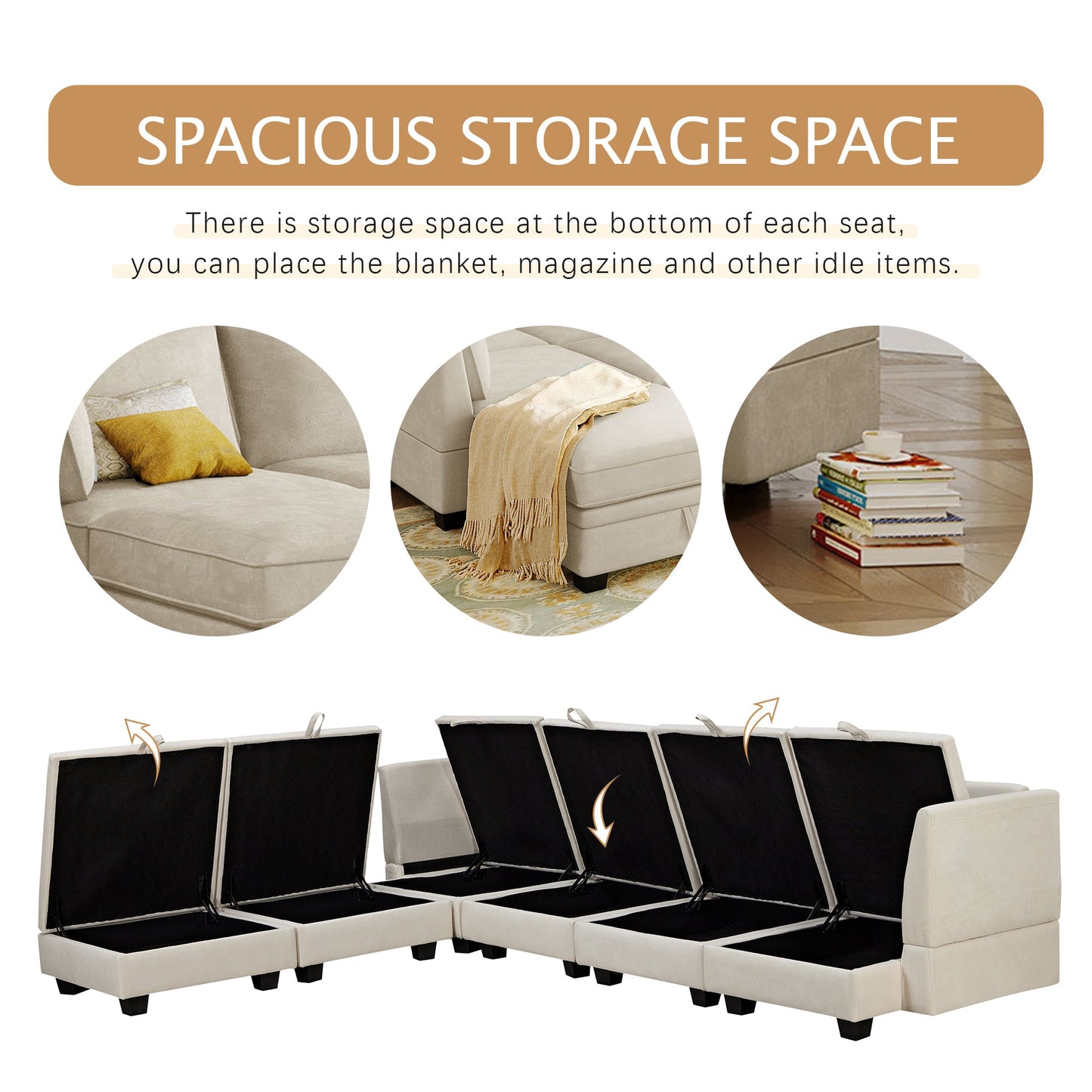 Modern Large U-Shape Modular Sectional Sofa Storage Seat