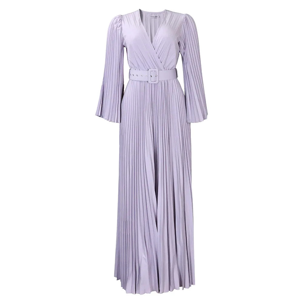 Women Chiffon Pleated Dress High Waist Floor Length Long Sleeve Deep v Dresses