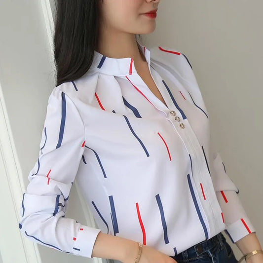 Spring Women White Blouses Fashion Stripe Print Casual Long Sleeve