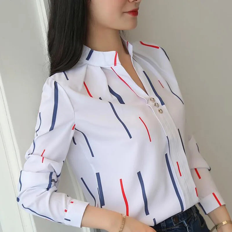 Spring Women White Blouses Fashion Stripe Print Casual Long Sleeve