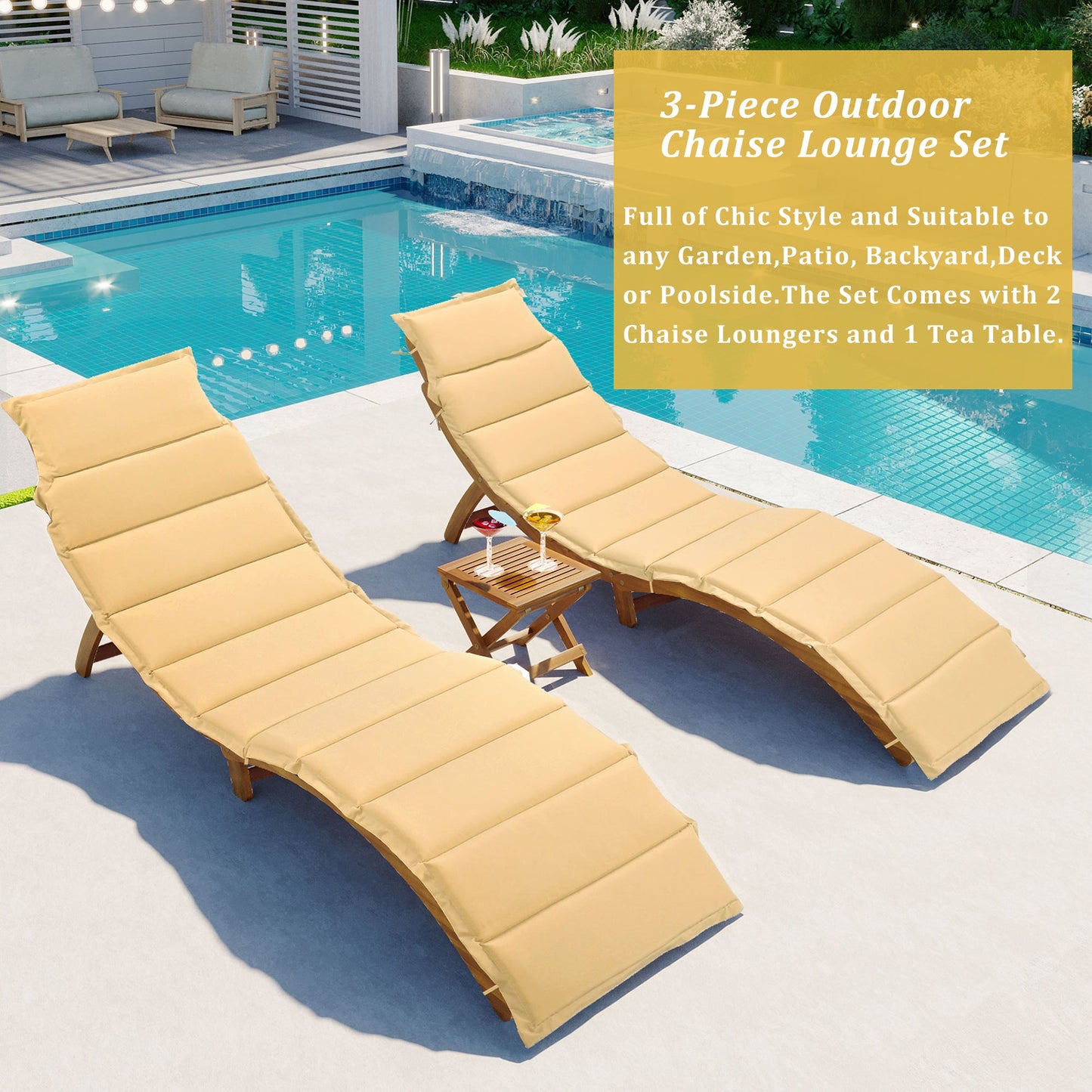 Outdoor Patio Wood Portable Extended Chaise Lounge Set With Foldable Tea Table