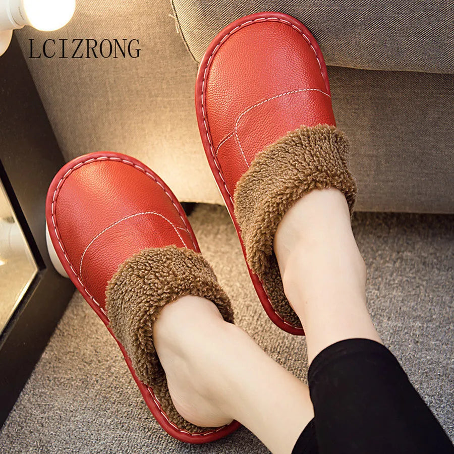 Winter Leather Plush Home Slippers for Men Unisex Comfortable Slippers