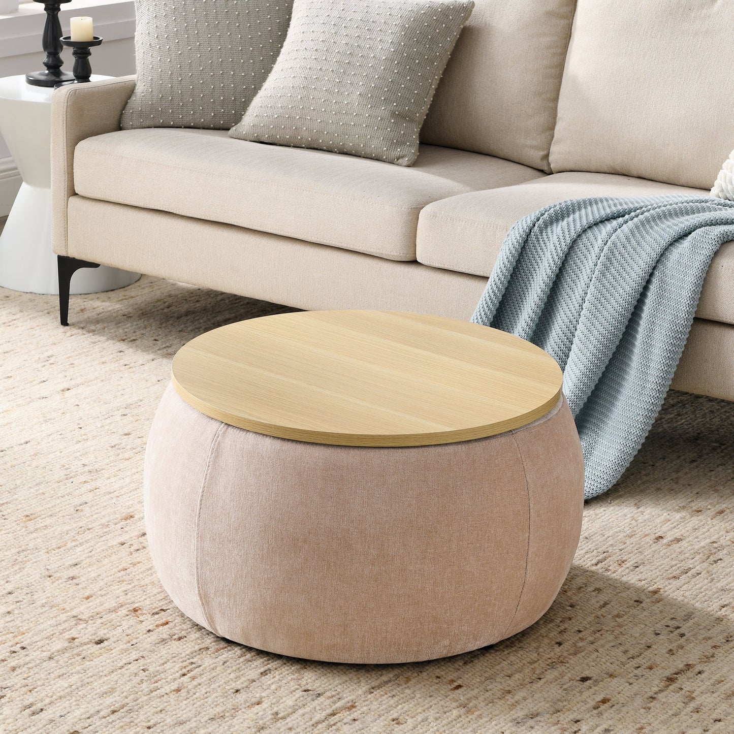 Round Storage Ottoman, 2 in 1 Function, Work as End Table and Ottoman