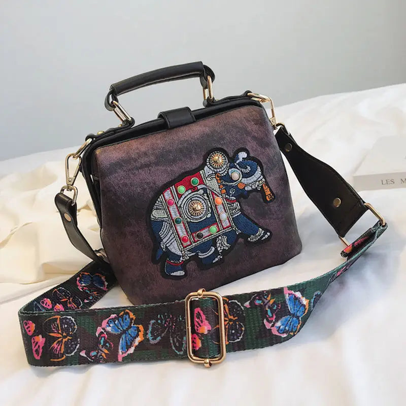 Vintage Embroidery Elephant Bag Bags Wide Butterfly Strap PU Leather Purses