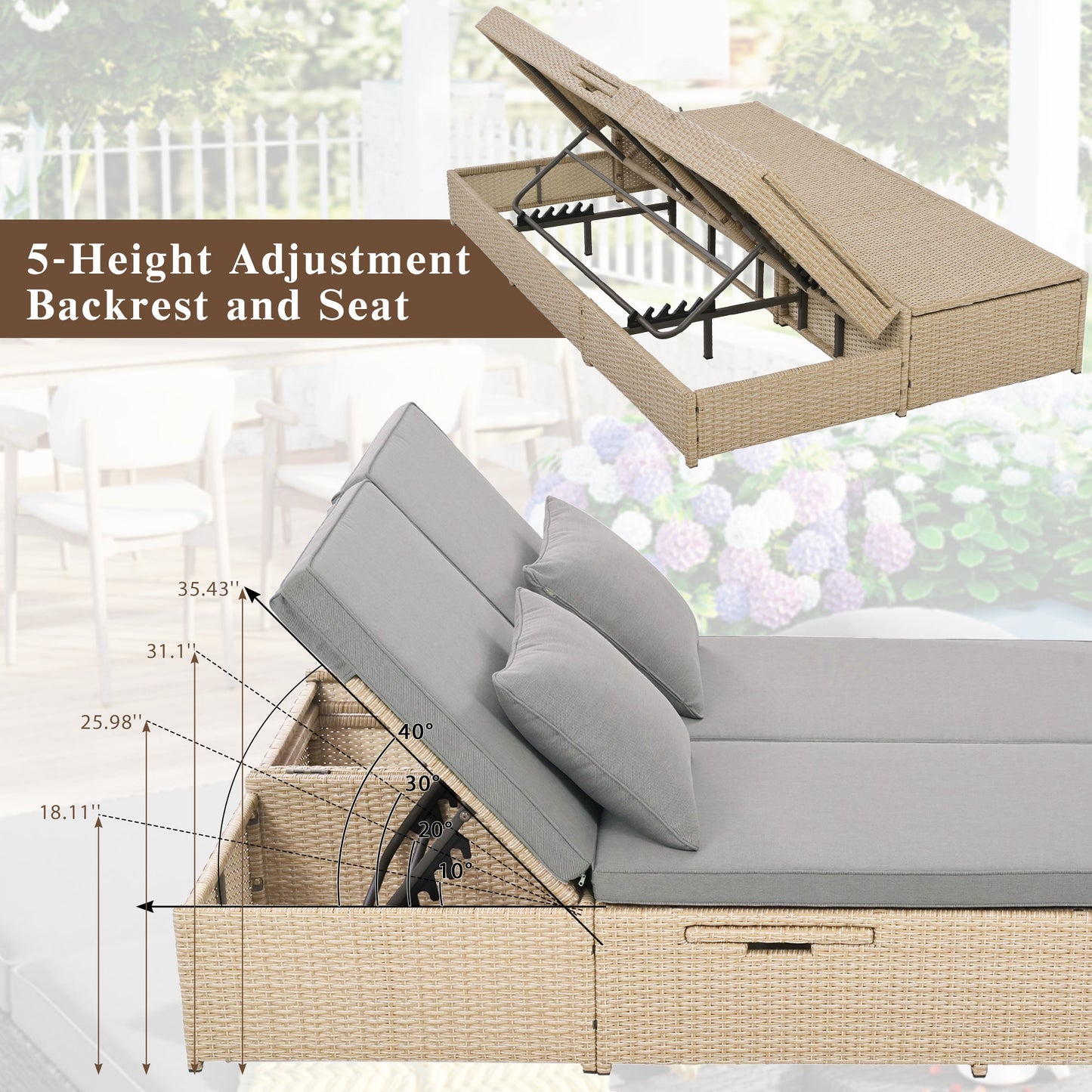 Outdoor Double Sunbed, Wicker Rattan Patio Reclining Chairs