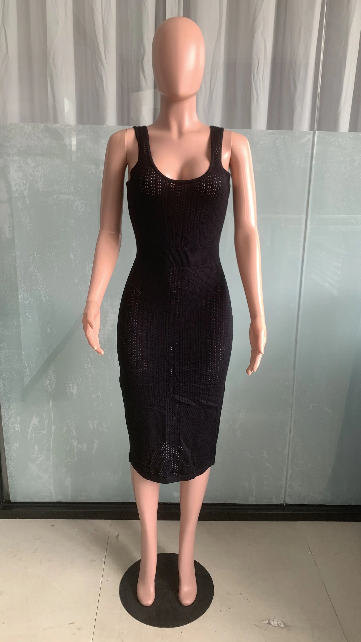 Women's Dress Summer Solid Color Sleeveless Sling Hollow Sexy Knitted Midi Dress