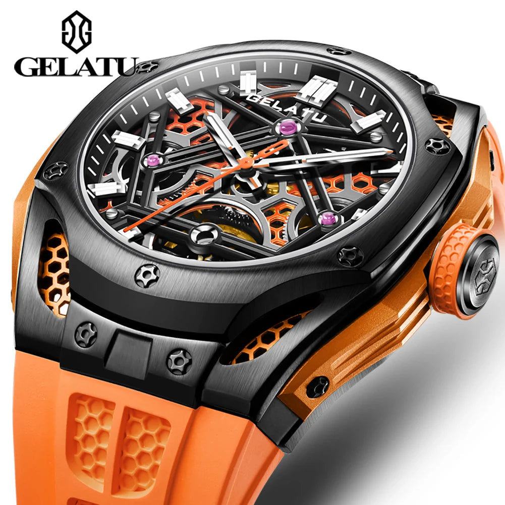 Watches for Men Fashion Orange Top Brand Leather Automatic Wrist Watch Men