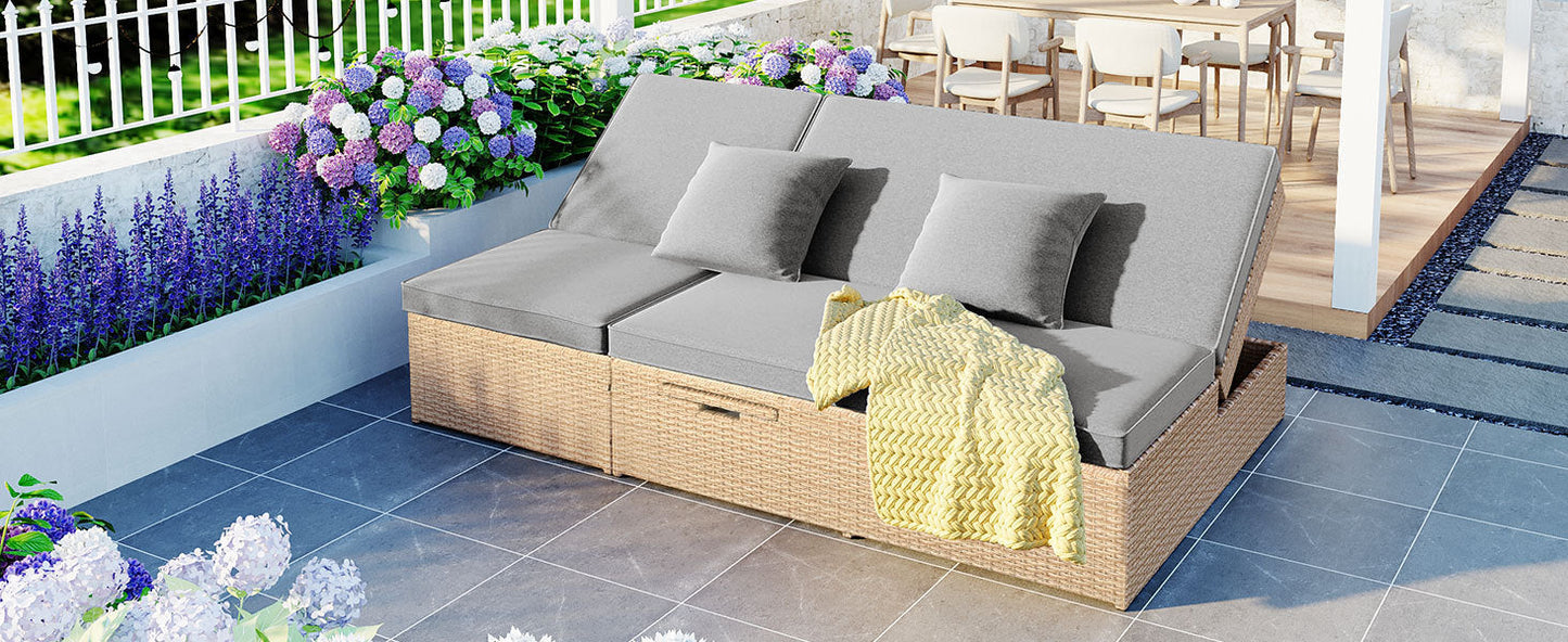 Outdoor Double Sunbed, Wicker Rattan Patio Reclining Chairs