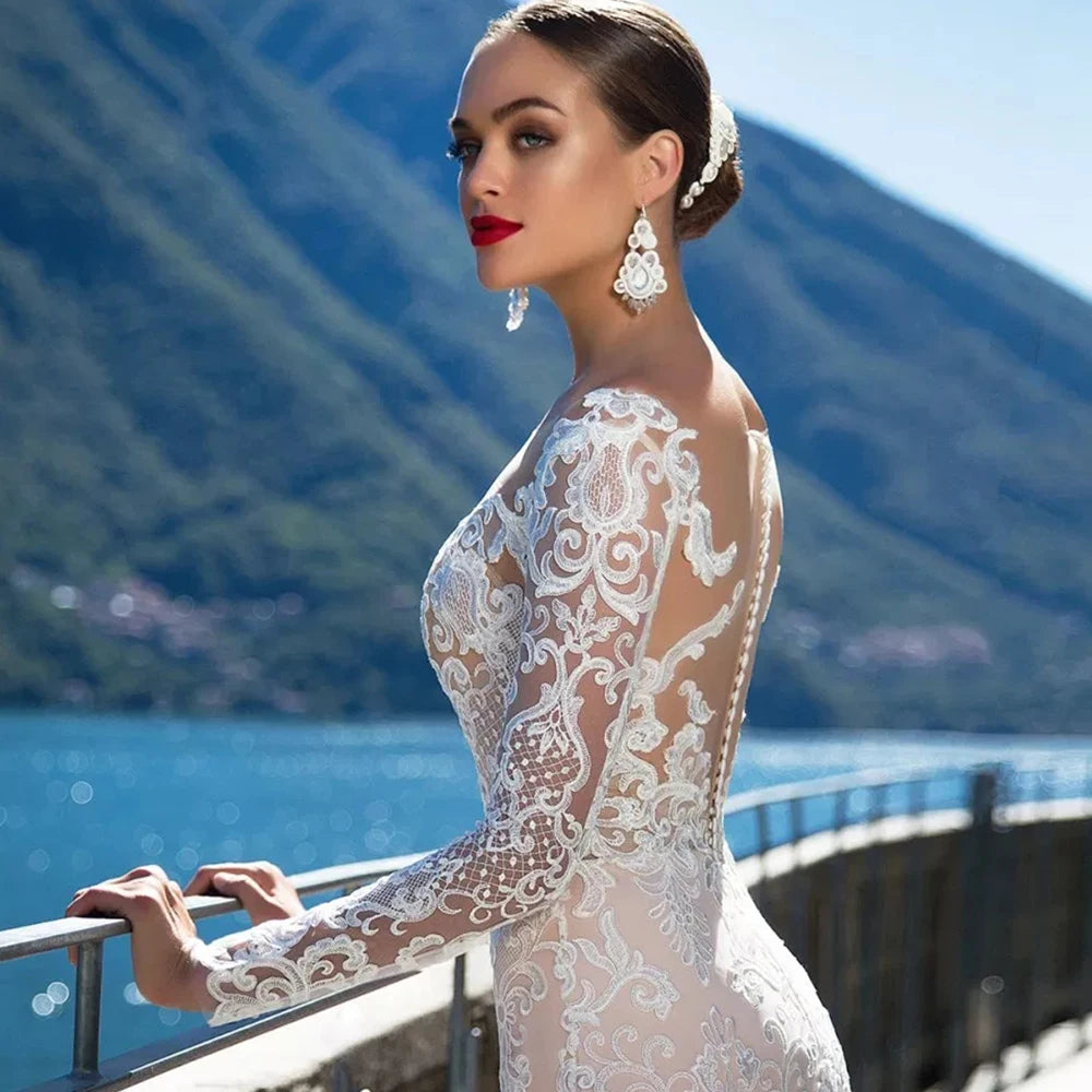 Mermaid Wedding Dress Long Sleeve Sexy  See Through Back Abito Sposa