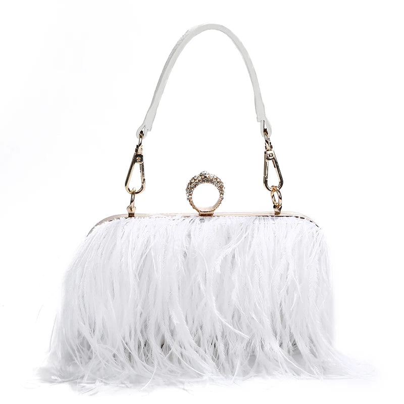 Ostrich Fur Feather Wallet Clutch Bag  Evening Bag Chain Purse