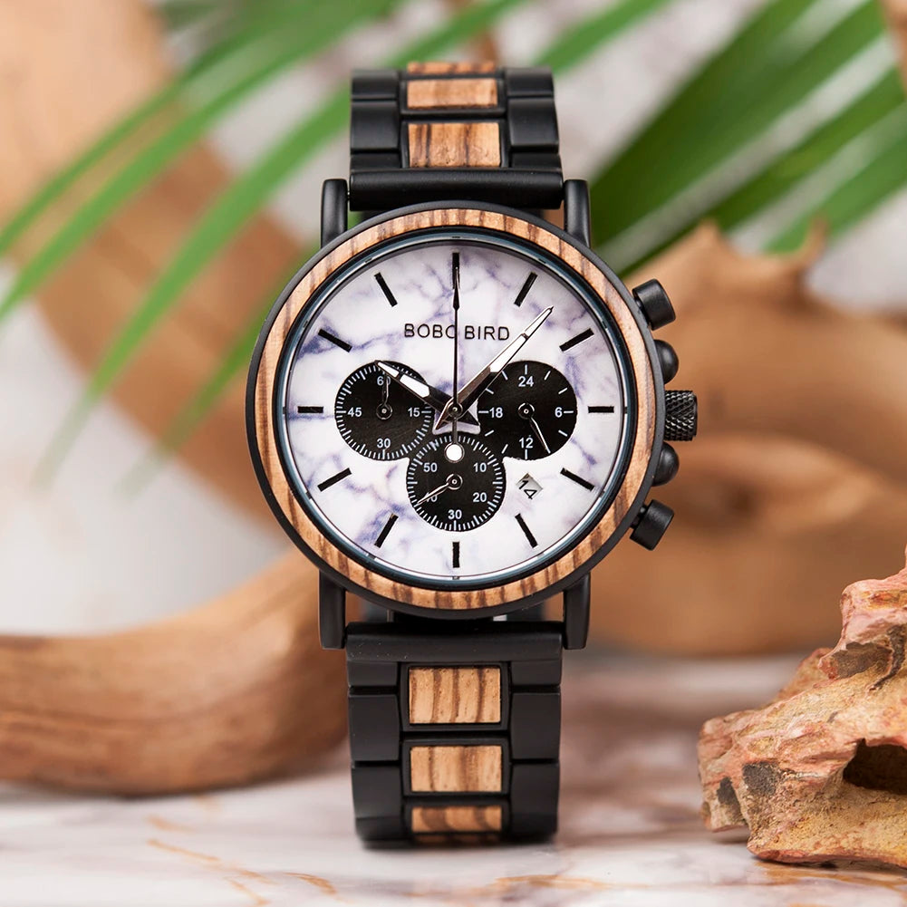 Wood and Stainless Steel Watches Luminous Hands Stop Clock