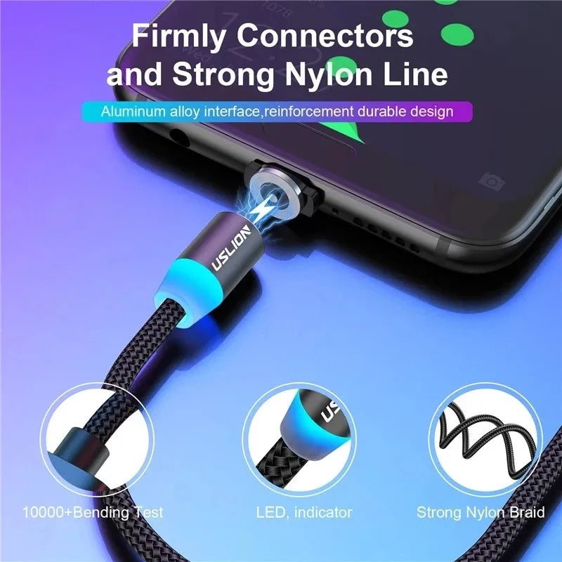 USLION LED Magnetic USB Cable Fast Charging Type C Phone Cable Magnet charger