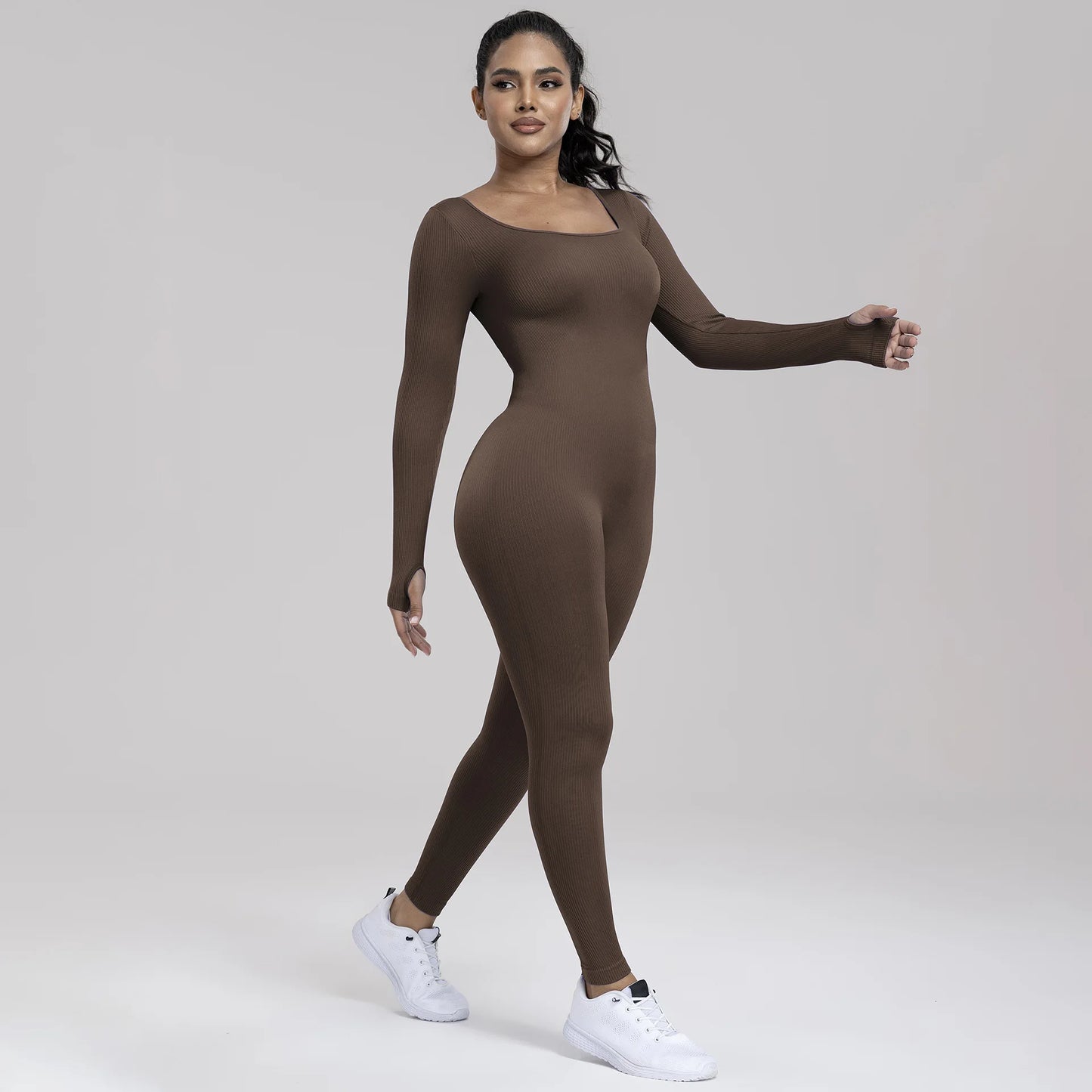 Seamless Ribbed Shaper Sport Fitness Bodysuits Yoga Jumpsuits Long Sleeve