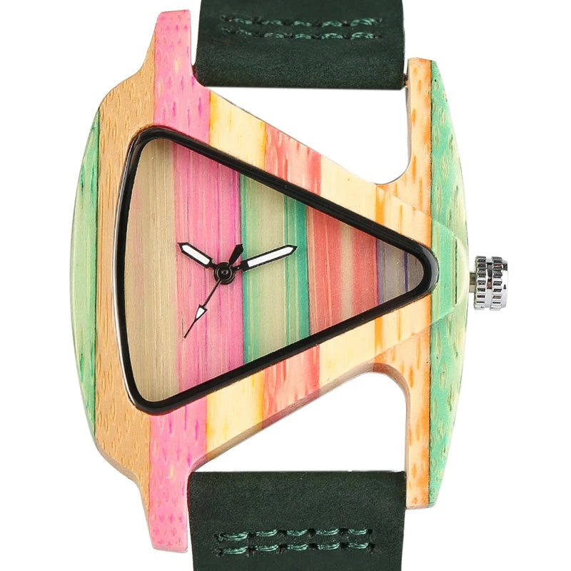 Wood Watch Creative Triangle Shape Dial Hour Clock Women Quartz Leather