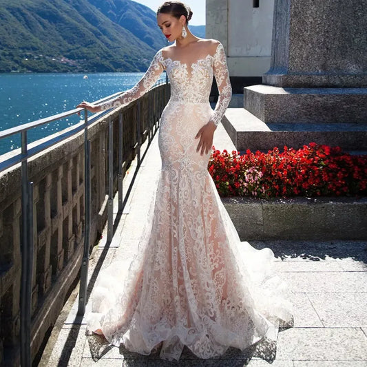 Mermaid Wedding Dress Long Sleeve Sexy  See Through Back Abito Sposa