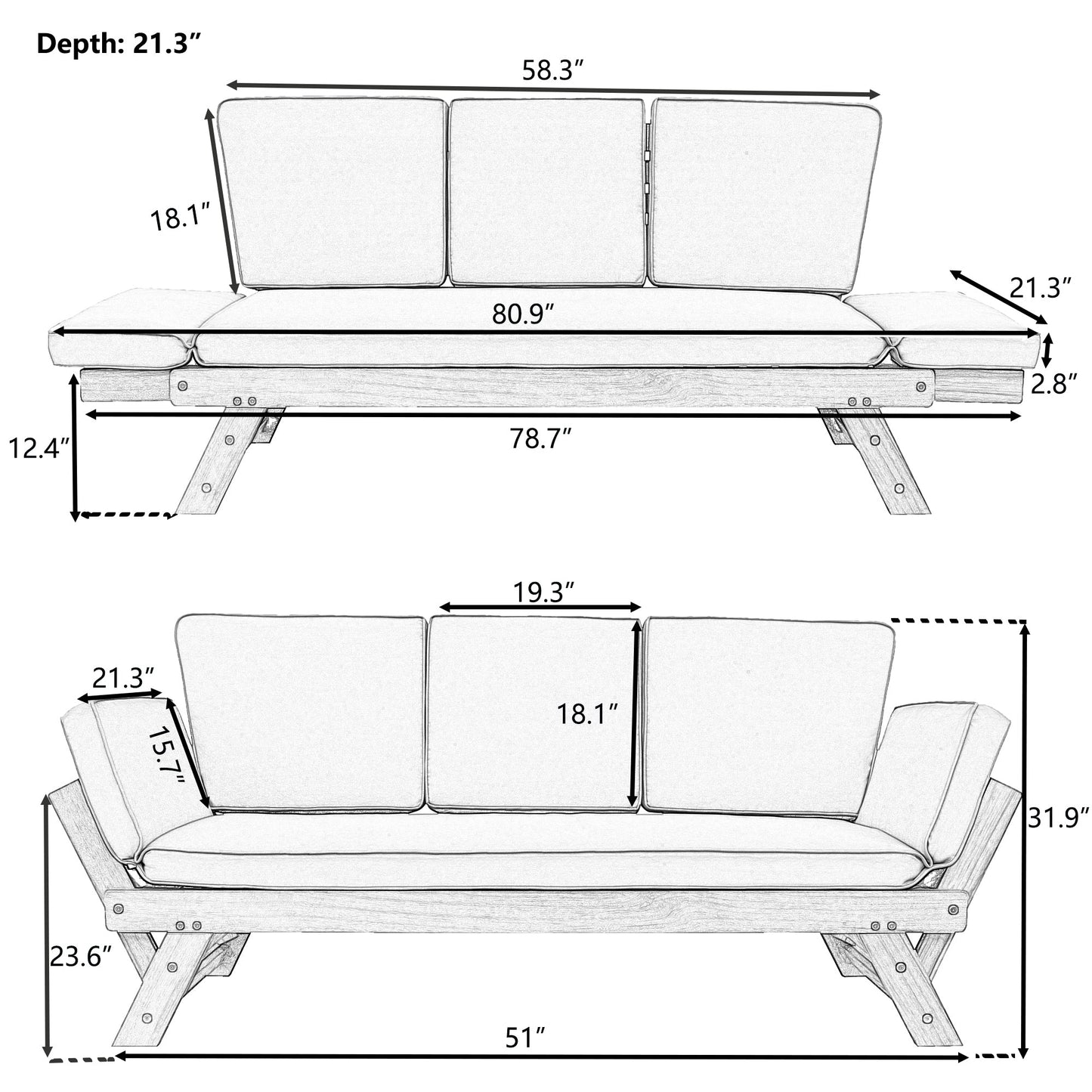 Outdoor Adjustable Patio Wooden Daybed Sofa Chaise Lounge With Cushions