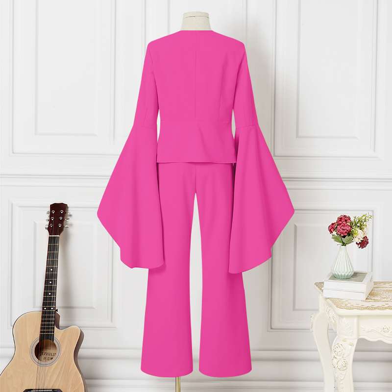 Pants Suits Women Flare Sleeve v Neck Tops and Long Bell Bottoms