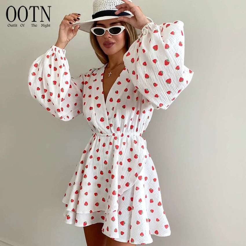 v Collar Lantern Sleeves Ladies Mini Dresses  Print Women's Dress