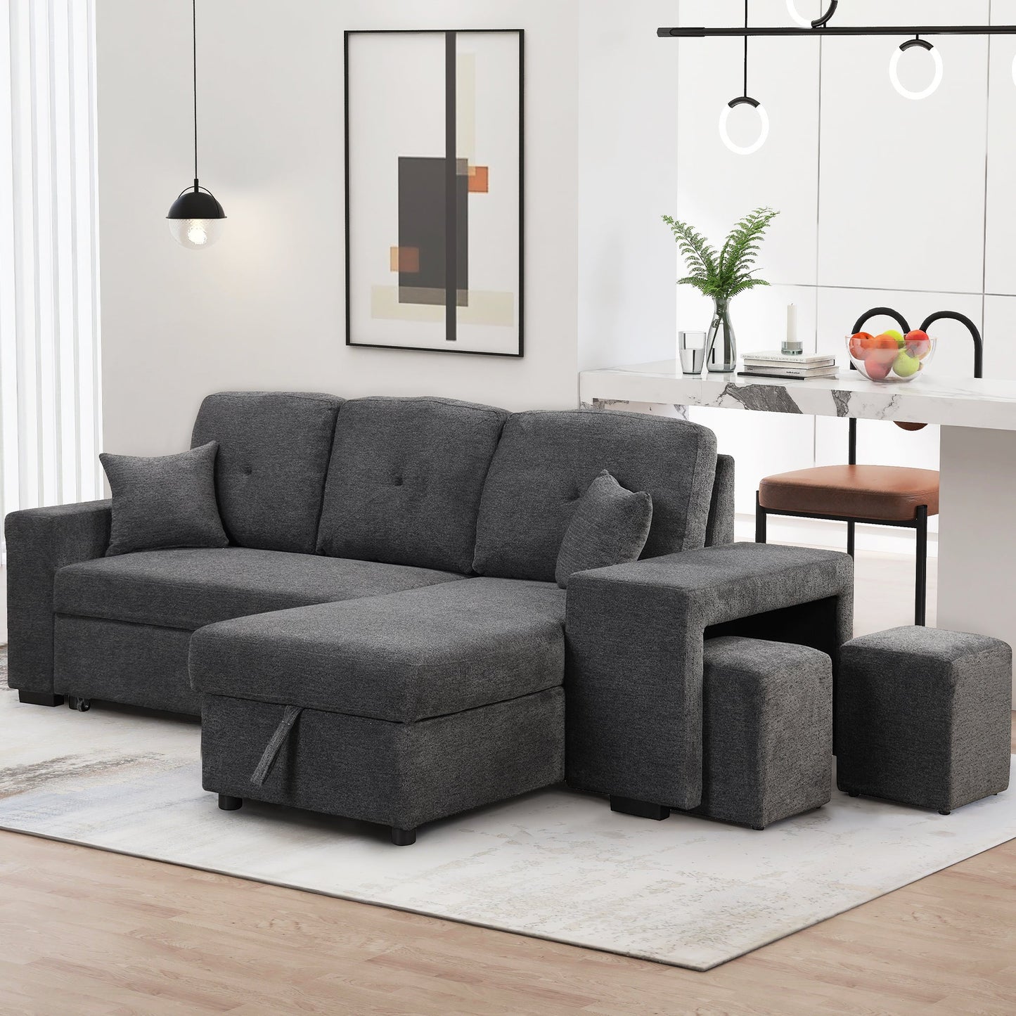 Reversible Sleeper Sectional Sofa Bed With Side Shelf and 2 Stools