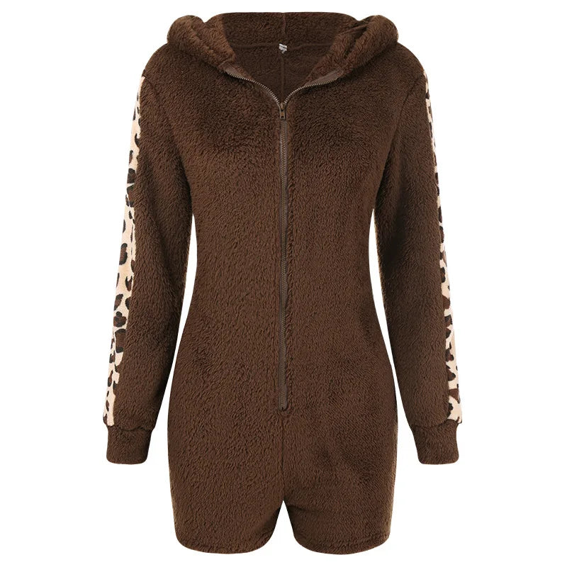 Tight Hooded Pajamas Autumn Winter Leopard Print Jumpsuit