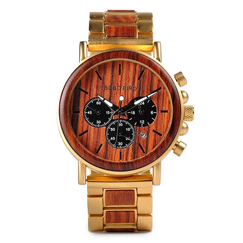 Wood and Stainless Steel Watches Luminous Hands Stop Clock