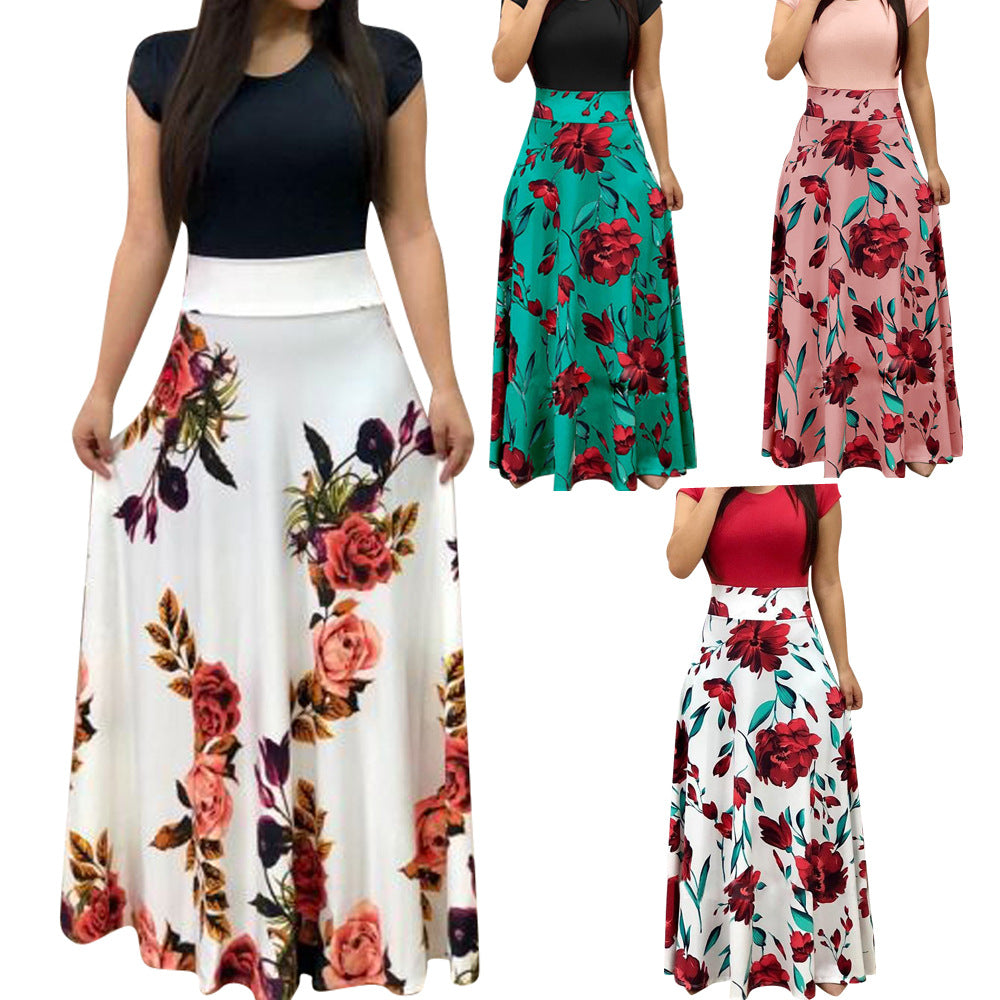 Slim Short Sleeve O-Neck High Waist One-Piece Dress Women's Maxi Long Dress