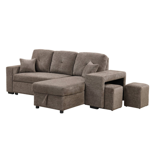 Reversible Sleeper Sectional Sofa Bed With Side Shelf and 2 Stools