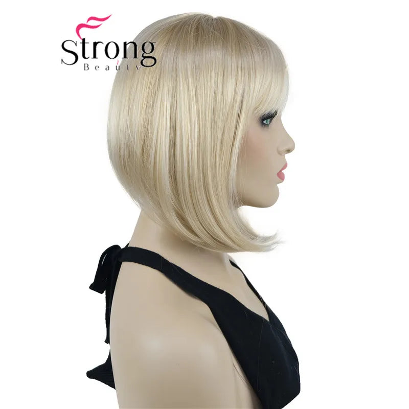 Short Straight Blonde Highlighted Bob With Bangs Synthetic Wig