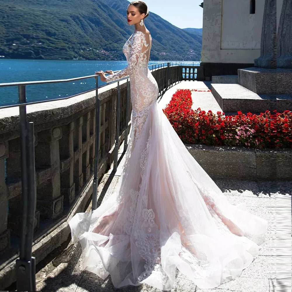 Mermaid Wedding Dress Long Sleeve Sexy  See Through Back Abito Sposa