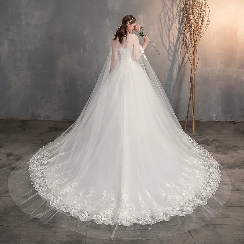 Wedding Dress With Long Cap Lace Wedding Gown With Long Train Embroidery